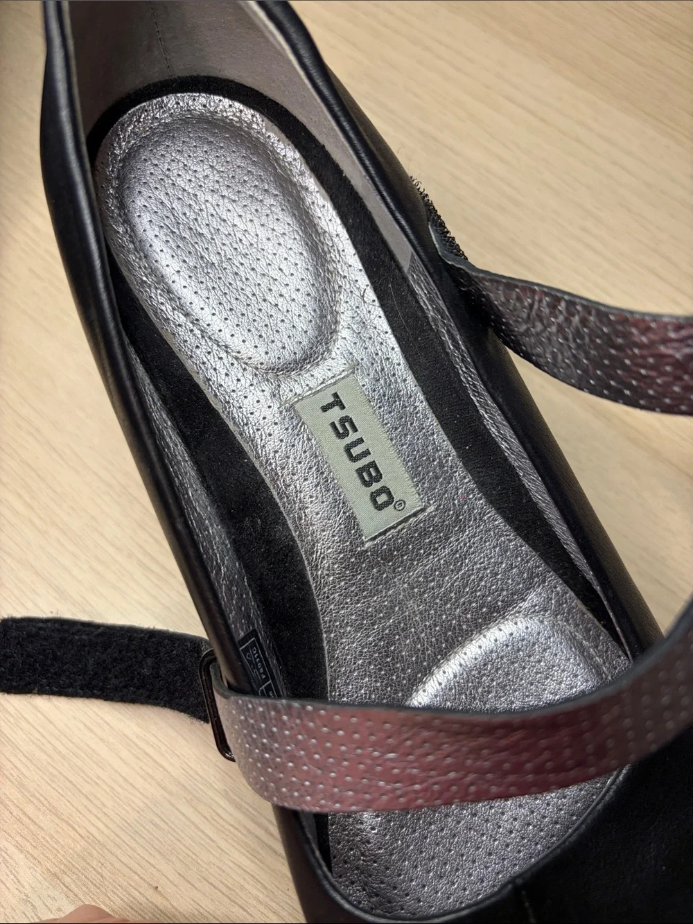 Tsubo Black Leather Mary Jane Wedges with Cross Strap